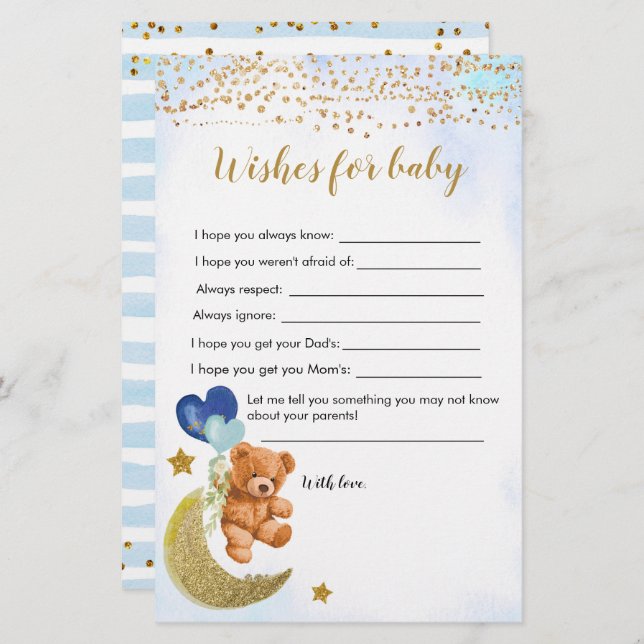 Blue Bearly Baby Shower Wishes For Baby (Front/Back)