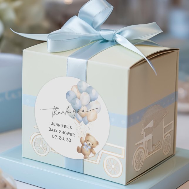 Blue Bearly wait Baby Boy Shower Thank You Classic Round Sticker (Blue Bearly wait, Modern baby Boy Shower Thank You Sticker.)