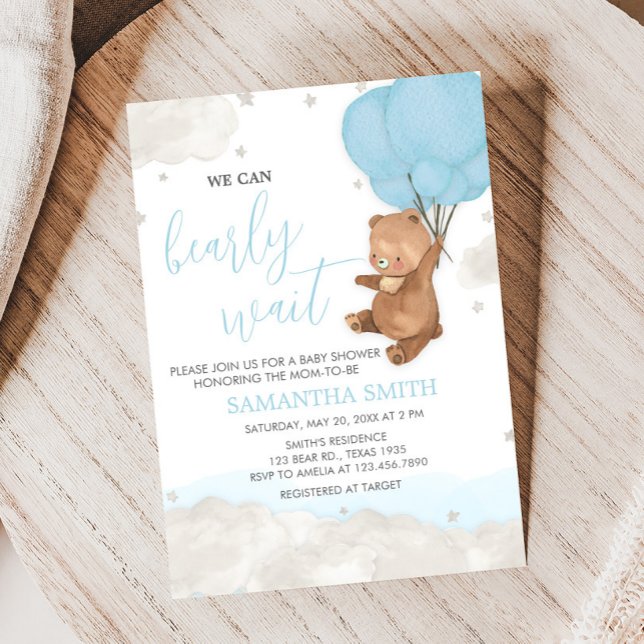Blue Bearly Wait Baby Shower Invitation (Blue Bearly Wait Balloon Baby Shower Invitation
)