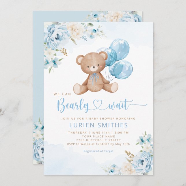Blue Bearly Wait Boho Teddy Bear Boy Baby Shower  Invitation (Front/Back)