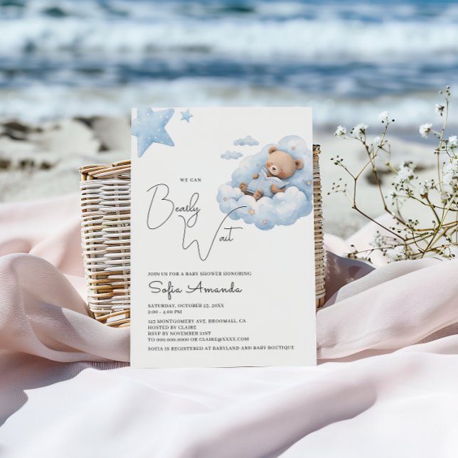 Blue Bearly Wait Cute Bear Baby Shower Invitation (Creator Uploaded)