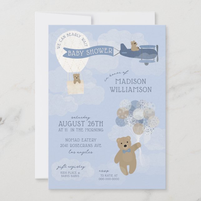 Blue Bearly Wait Teddy Bear Baby Shower Invitation (Front)