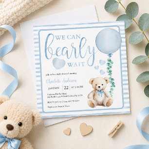 Blue Bearly Wait Teddy Bear Baby Shower Invite