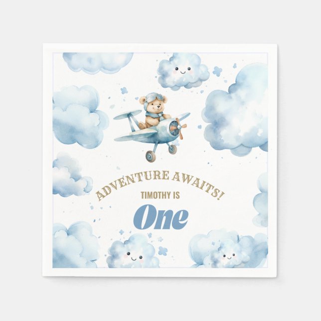 Blue Bear's Birthday Bonanza: Flying into Year One Napkin (Front)