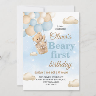 Blue Beary First Birthday Invitation