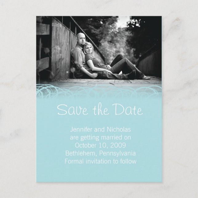 Blue & Beautiful Swirl Save the Date Announcement (Front)