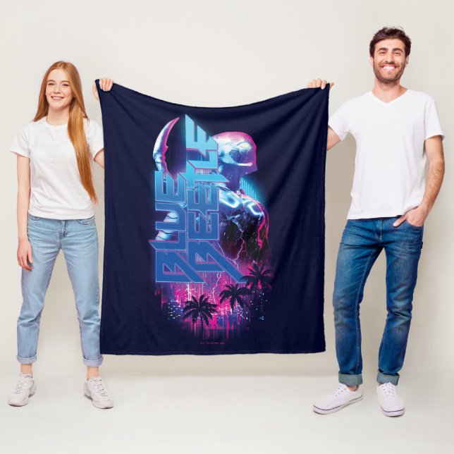 Blue Beetle Retrowave City Lights Fleece Blanket (In Situ)