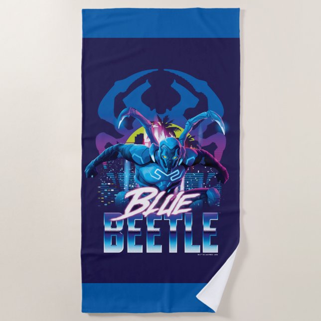 Blue Beetle Retrowave City Sunset Beach Towel (Front)