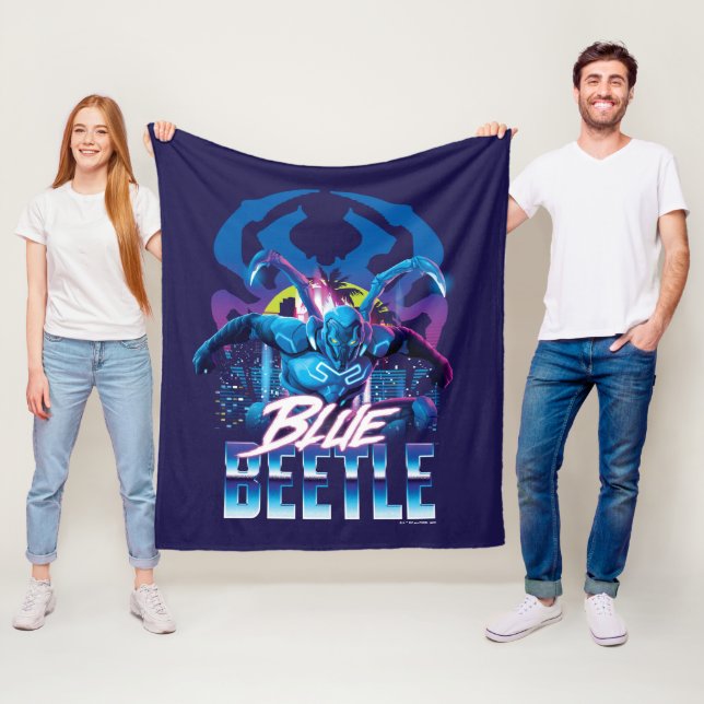 Blue Beetle Retrowave City Sunset Fleece Blanket (In Situ)