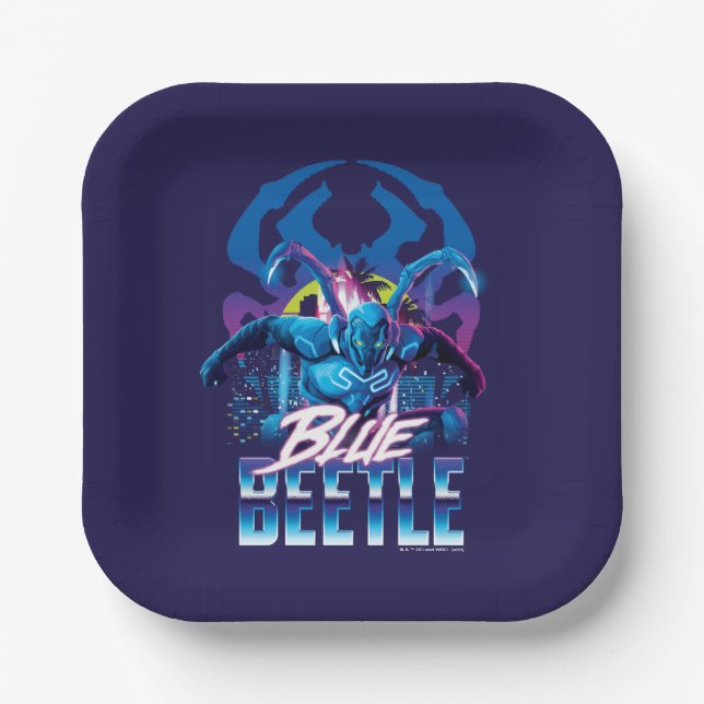 Blue Beetle Retrowave City Sunset Paper Plate (Front)