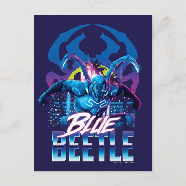Blue Beetle Retrowave City Sunset Postcard (Front)