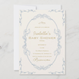 Blue Beige And Gold Elegant baby shower Invitation