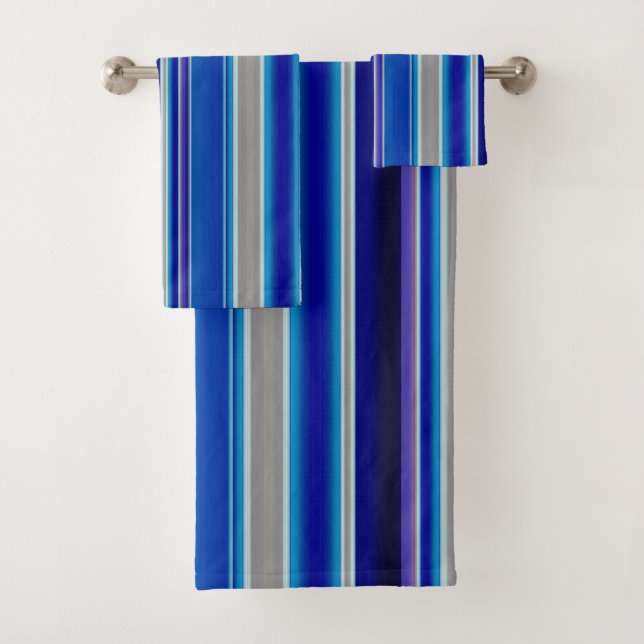 Blue, Beige and Lavender Stripes Bath Towel Set (Insitu)