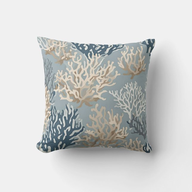 Blue Beige Beachy Coral Reef Nautical Pattern  Cushion (Front)