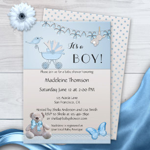Blue Beige Bear Boy Baby Shower Invitation