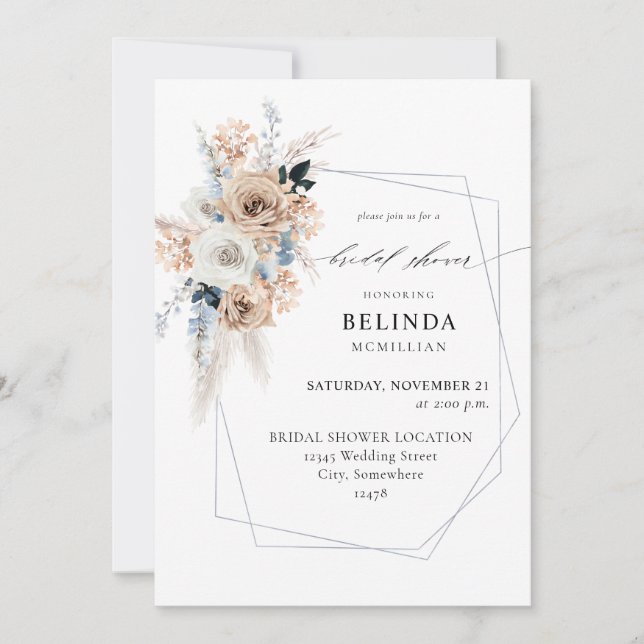 Blue & Beige Boho Floral Bridal Shower Invitation (Front)