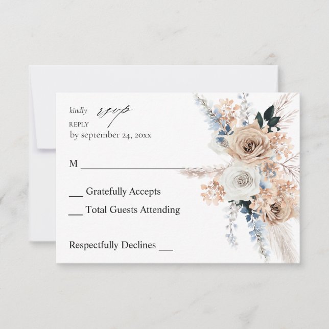 Blue & Beige Boho Floral no Meal RSVP Card (Front)