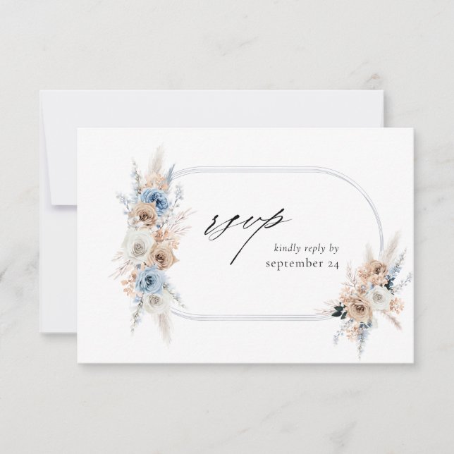 Blue & Beige  Boho Floral w Meal RSVP Card 2 (Front)