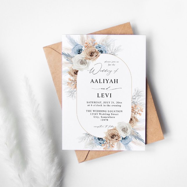 Blue & Beige Boho Floral Wedding 2 Invitation (Creator Uploaded)