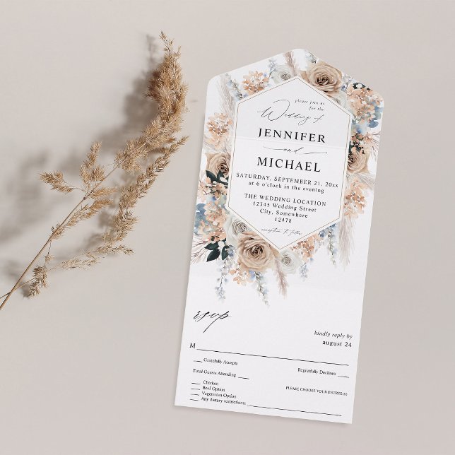 Blue & Beige Boho Floral Wedding All In One Invitation (Creator Uploaded)