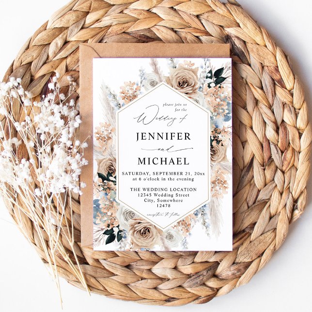 Blue & Beige Boho Floral Wedding Invitation (Creator Uploaded)
