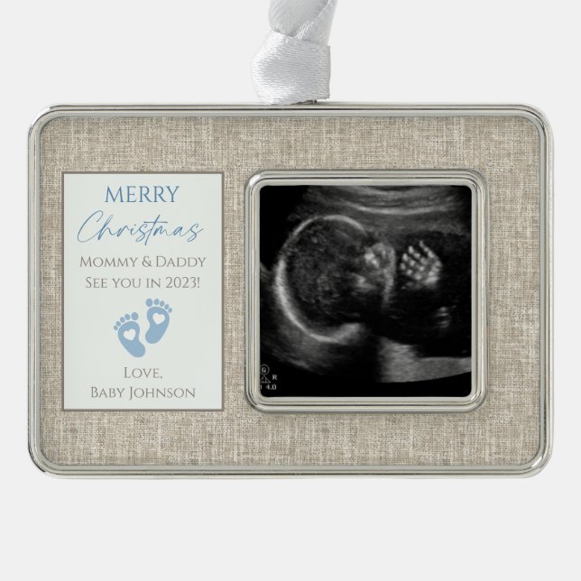 Blue & Beige Canvas New Baby Ultrasound Photo Silver Plated Framed Ornament (Front)