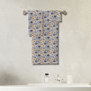 Blue Beige Chinoiserie Toile Watercolor Floral  Bath Towel Set