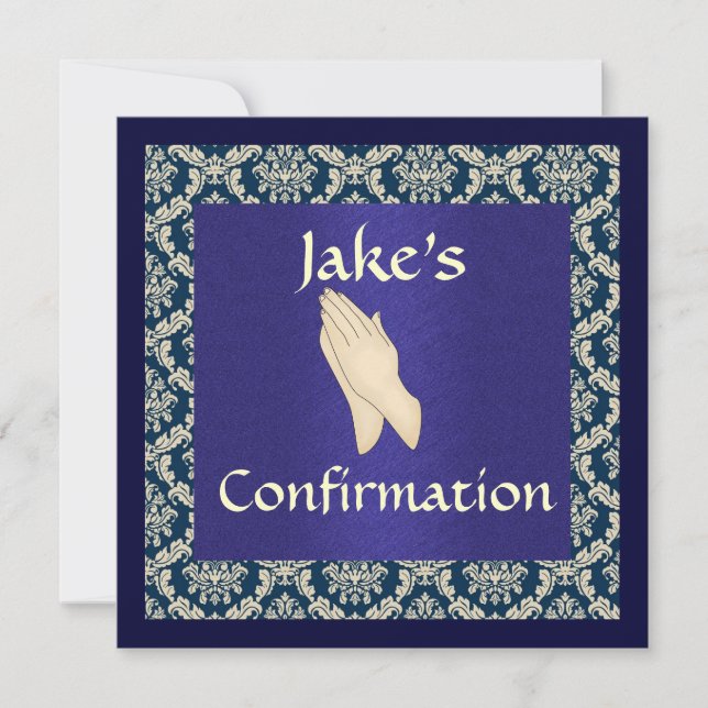 Blue & Beige DAMASK Confirmation  INVITATIONS (Front)