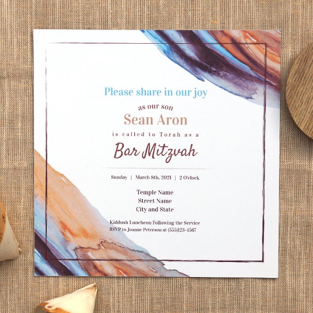 Blue Beige Eggplant Purple Bar Mitzvah Invitation (Stylish Bar Mitzvah Invitations Caramel brown beige, light blue, eggplant purple paint swoosh stroke)