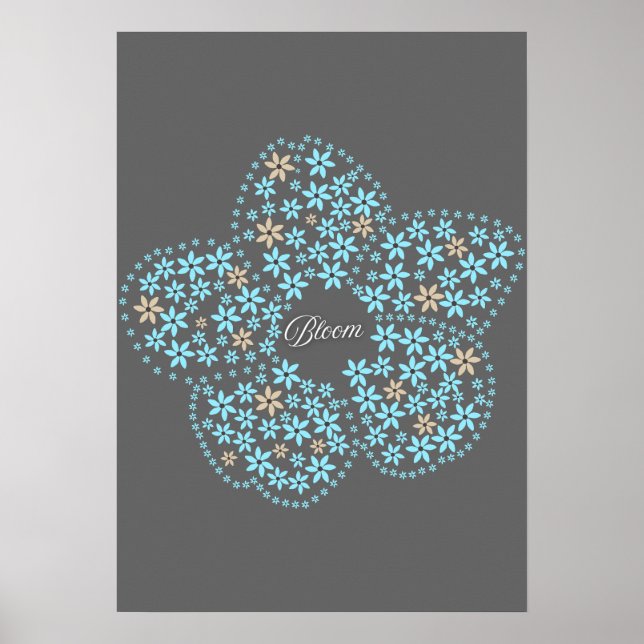 Blue Beige Floral Bloom – Dark Grey Botanical Mode Poster (Front)