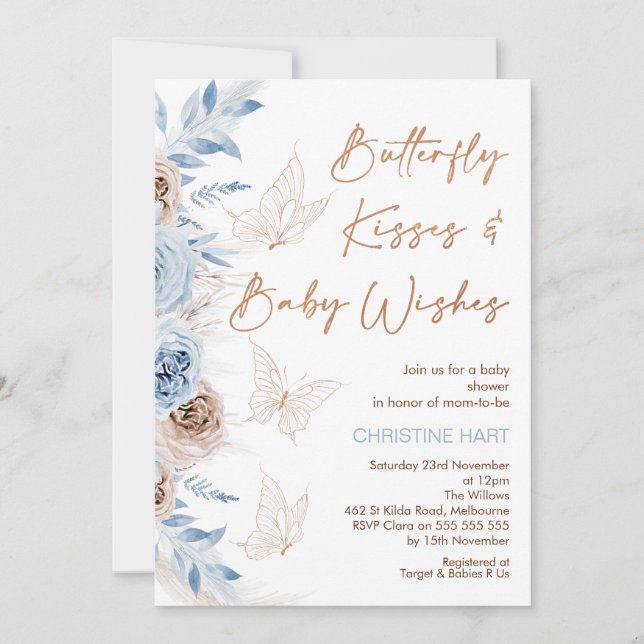 Blue Beige Floral Butterfly Kisses Baby Shower Invitation (Front)