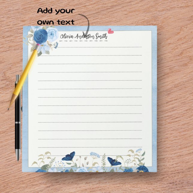 Blue Beige Floral Heart Custom Name Notepad (Blue Beige Floral Heart Custom Name Notepad)