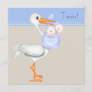 Blue Beige Gingham Stork Twin Baby Boy Shower Invitation