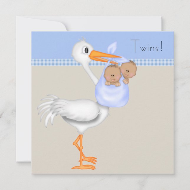 Blue Beige Gingham Stork Twin Boy Baby Shower Invitation (Front)