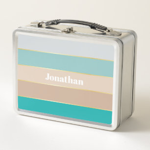 Blue beige gold Custom Summer Colour Block Stripes Metal Lunch Box