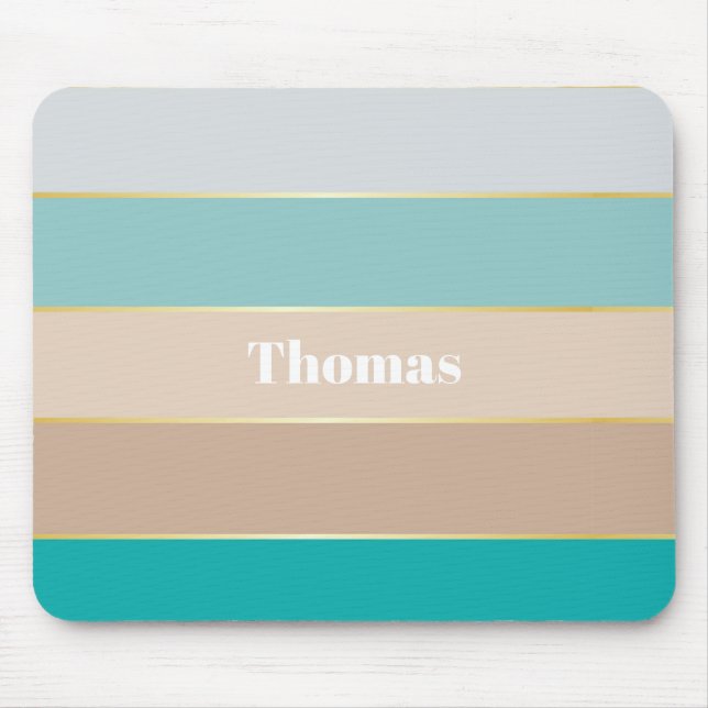 Blue Beige Gold Custom Summer Colour Block Stripes Mouse Pad (Front)