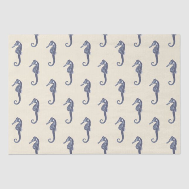 Blue Beige Marine Life Seahorse Pattern Tissue Paper (Front)