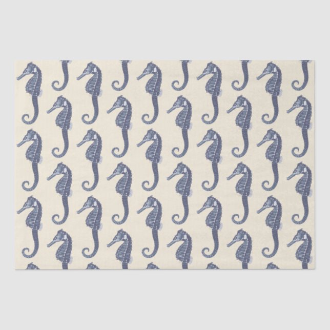 Blue Beige Marine Life Seahorse Pattern Tissue Paper (Front)