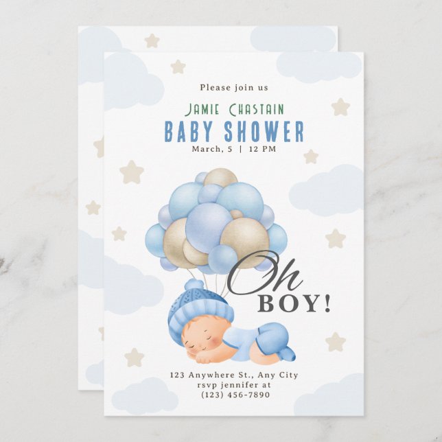 Blue Beige Modern Boy with Balloons baby shower Invitation (Front/Back)