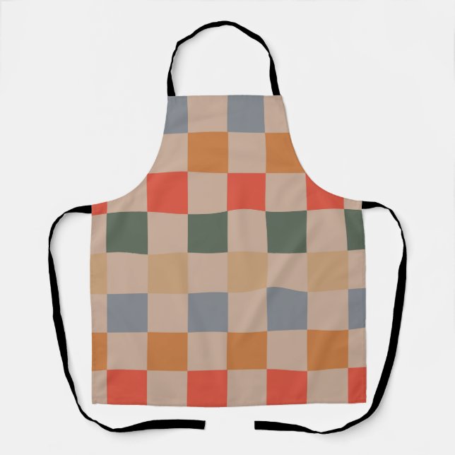 Blue Beige Orange Brown Chequered Gingham Pattern Apron (Front)