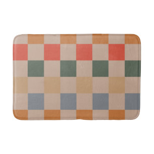 Blue Beige Orange Brown Chequered Gingham Pattern Bath Mat