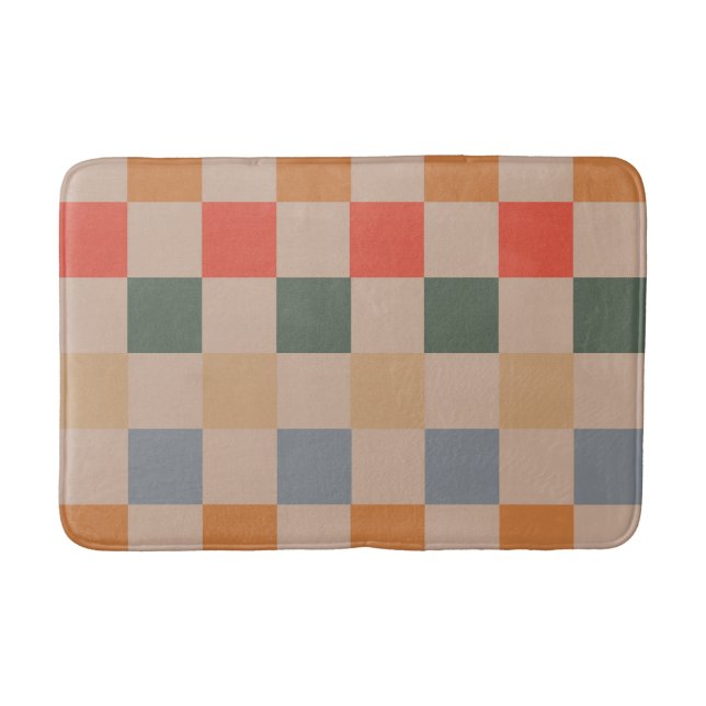 Blue Beige Orange Brown Chequered Gingham Pattern Bath Mat (Front)