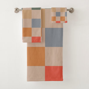 Blue Beige Orange Brown Chequered Gingham Pattern Bath Towel Set