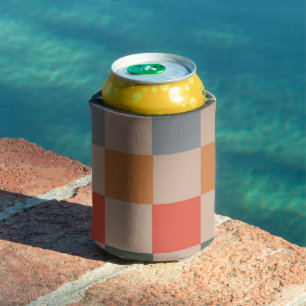 Blue Beige Orange Brown Chequered Gingham Pattern Can Cooler