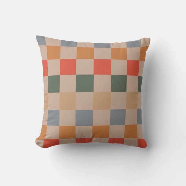 Blue Beige Orange Brown Chequered Gingham Pattern Cushion (Front)