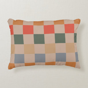 Blue Beige Orange Brown Chequered Gingham Pattern Decorative Cushion