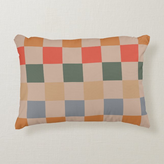 Blue Beige Orange Brown Chequered Gingham Pattern Decorative Cushion (Front)