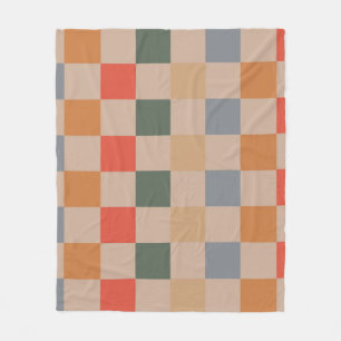 Blue Beige Orange Brown Chequered Gingham Pattern Fleece Blanket