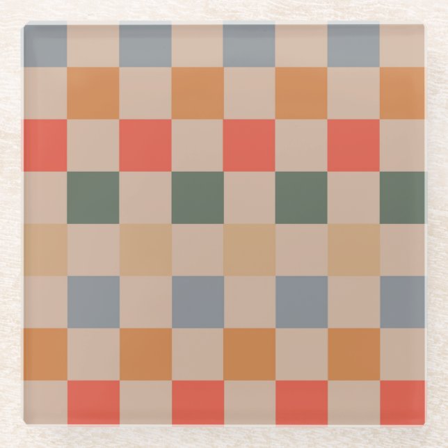 Blue Beige Orange Brown Chequered Gingham Pattern Glass Coaster (Front)