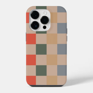 Blue Beige Orange Brown Chequered Gingham Pattern iPhone 14 Pro Case